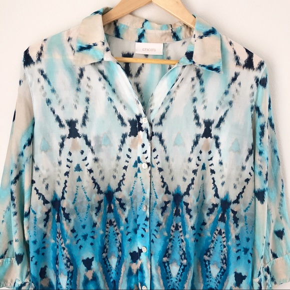 Chico’s Ombré Blue Patterned Top Sz Large. - Picture 3 of 10